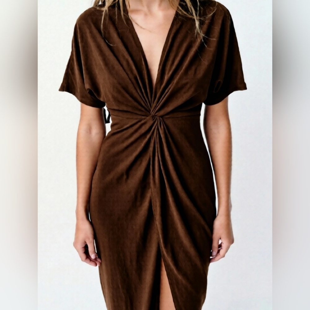 Express Chocolate Brown Twist Front Maxi Dress V-Neck Slit Size Size Medium